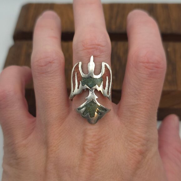 Jewelry - Size 9 Sterling Silver Native Turquoise And Coral Bird Band Ring A301